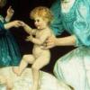 Publicité de Baby's Own Soap, montrant une mère donnant le bain à son bébé avec l'aide de ses deux petites filles.